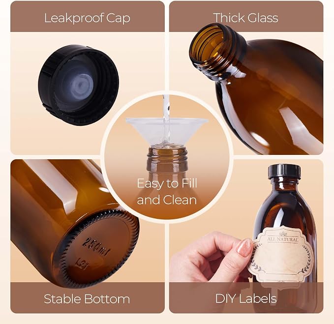 8oz Amber Glass Bottle with Lids, 3 Pack Brown Empty Cosmetic Containers Leakproof Refilllable Sample Dispensing Bottles for Homemade Vanilla Extract, Essential Oils, Potion, Juice, Ginger Shots