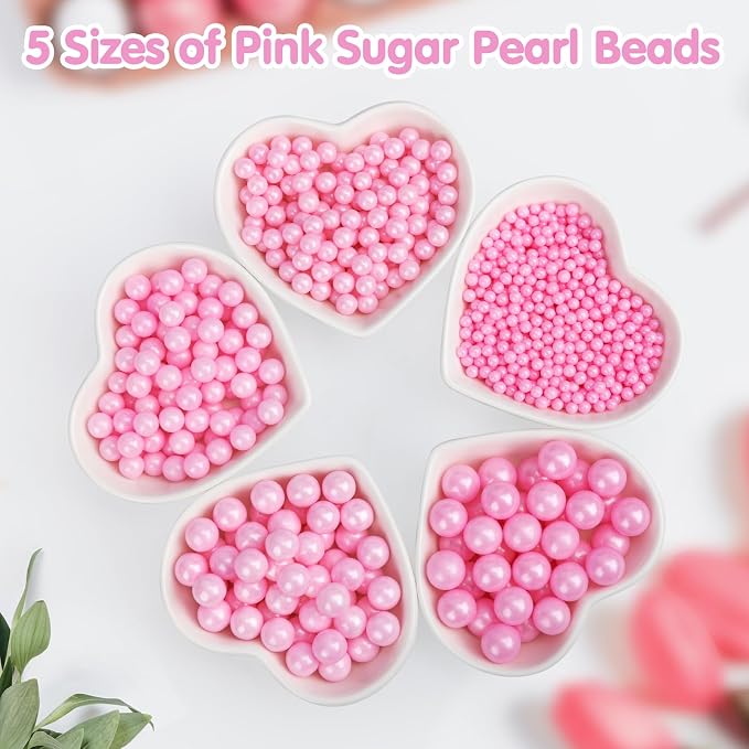 Pink Pearl Sprinkles for Cake Decorating,130g,Edible Sugar Pearls for Baking,Mix Size,Cake Topper,Cupcake Cookie Decorating,Ice Cream Dessert Decorations,Wedding Birthday Supplies