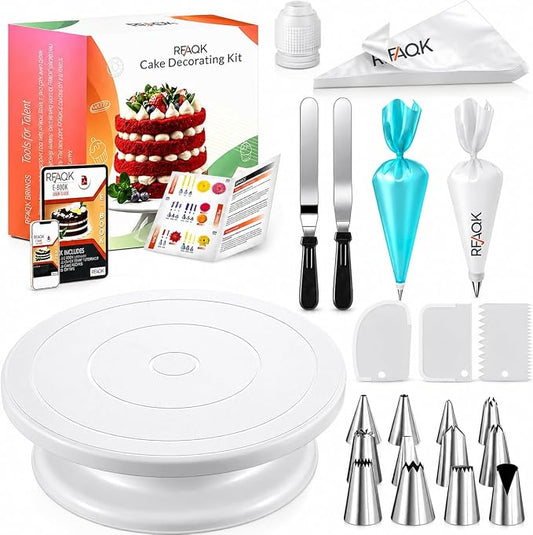 RFAQK 72PCs Cake Decorating Supplies Kit for Beginners - Cake Turntable with 50 Piping Bags, Bags Coupler, 12 Numbered Piping Tips, Offset & Straight Spatula, Icing Scrapper Set for Cake Decoration