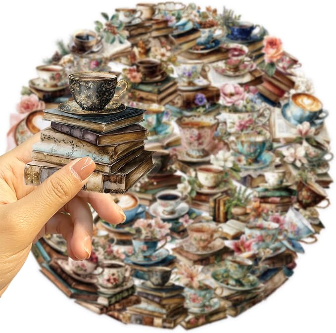 Vintage Coffee Books Flowers Sticker Pack, 50PCS Aesthetic Waterproof Transparent PET Stickers for Water Bottle Scrapbook Journal Laptop Cup, Retro Cafe Decals for Teens Adults (Coffee Book)