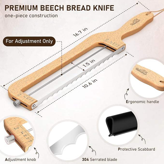 Woodever Adjustable Bread Knife for Home Use, Wooden Sourdough Bread Slicer for Homemade Bread with Bow Design, Premium Stainless Serrated Bread Cutter for Bagels and Baguettes-Natural