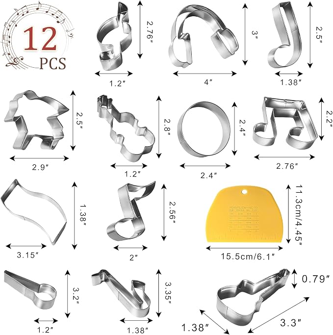Music-Themed Cookie Cutter Set - 12Pcs Mini Cookie Cutters Variety Pack with Dough Scraper, Stainless Steel Cookie Mold for Biscuits, Fondant, Sandwiches and Pancakes