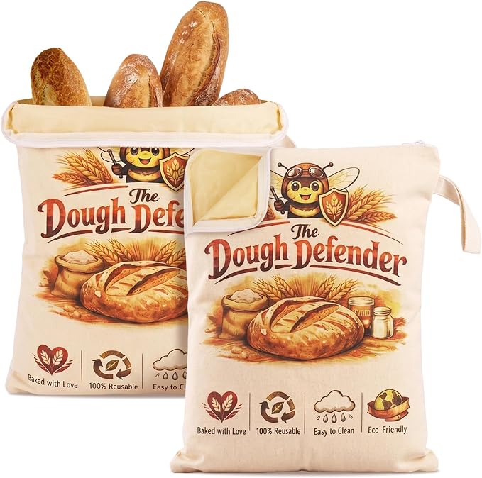 FunMular 2 Pack Reusable Beeswax Bread Bags for Homemade Bread Sourdough - XL Linen Cotton Bees Wax Bread Bags with Wide Sealing Zip to Keep Loaves Fresh Longer