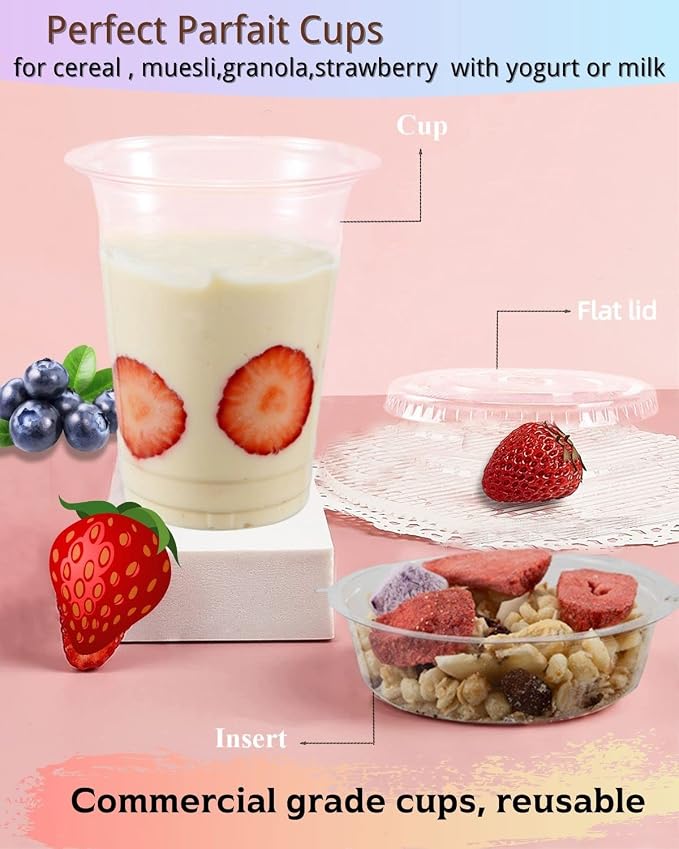 50 Sets 12 oz Clear Plastic Cups with Insert & Flat Lids(NO HOLE) - Disposable Parfait Cups with Lids for Fruit Yogurt Smoothie Iced Cold Drinks Dips and Veggies, No Leaking