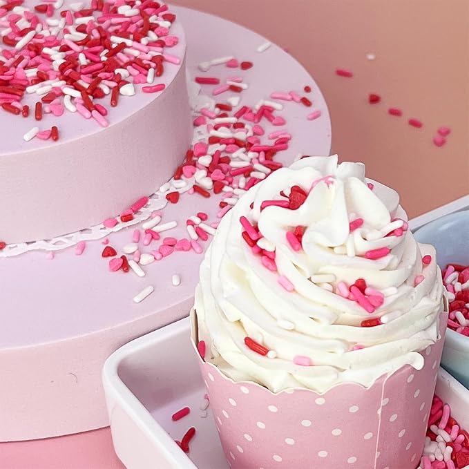 Valentines Sprinkles for Baking, 4.5oz White Red Pink Jimmies and Heart Sprinkles for Cake Decorating, Valentine Sprinkles for Cookies, Cupcake, Ice Cream, Cake