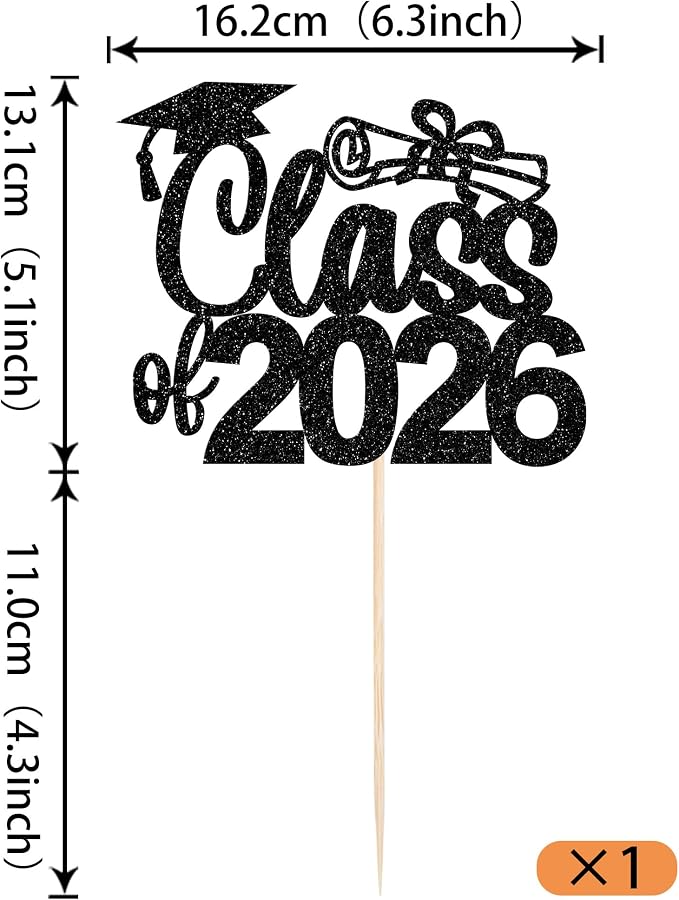 1 Pack Class of 2026 Cake Topper Glitter Congrats 2026 Graduation Cake Pick for Graduation Grad 2026 Theme Boys Girls Graduate Party Cake Decorations Supplies Black