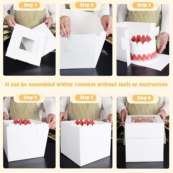 8x8x8 Inches Cake Boxes with Cake Boards, 3 Pack Premium Tall Cheesecake Boxes with Display Window for Christmas, Birthday, Wedding