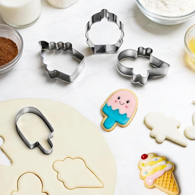 Ice Cream-Themed Cookie Cutter Set - 12Pcs Mini Cookie Cutters Variety Pack with Dough Scraper, Stainless Steel Cookie Mold for Biscuits, Fondant, Sandwiches and Pancakes