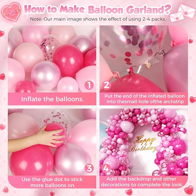 Pink Balloons Garland Arch Kit 170pcs, Hot Pink Metallic Pink Shades of Pink Valentine's Day Balloons for Birthday Wedding Princess Theme Engagements Baby Shower Party Decorations