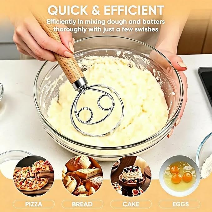 Maxjoy Danish Dough Whisk, Stainless Steel Wooden Handle, Dutch Hand Mixing Tool for Sourdough Pizza Bread Baking
