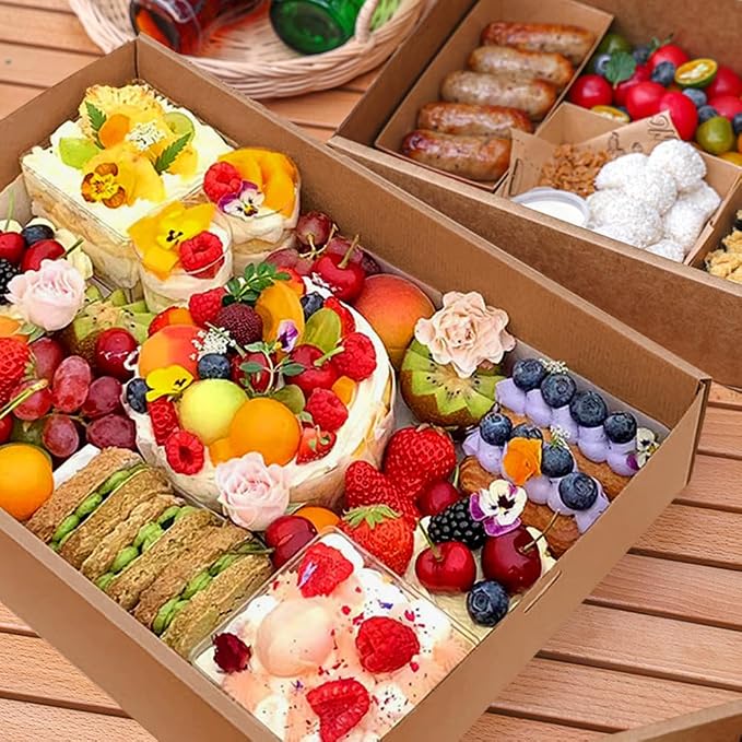 yarlung Set of 10 Kraft Bakery Box with Clear Window Lid, 14"x10"x3" Foldable Brown Paperboard Food Wrapping Tray with Greaseproof Paper for Cookies, Donuts, Pies, Picnic, Gift Packaging Ribbon