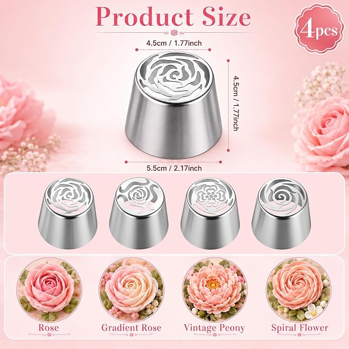 4 PCS Flower Russian Piping Tips, Stainless Steel Extra Large Russian Piping Tip Set 3D Flower Tips for Cake Decorating, Flowers Shaped Frosting Nozzle Kit for Wedding Birthday Cakes Cupcakes Cookies