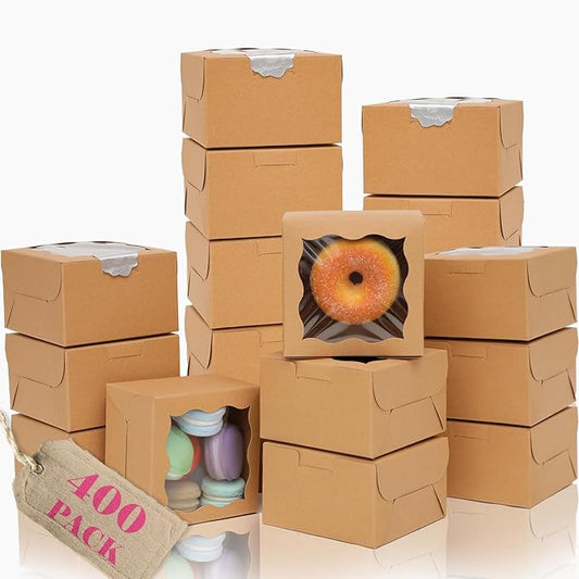 Bakepacker 400pcs Brown Bakery Boxes with Window 4"x 4"x 2.5" Thick & Cookie Boxes & Sturdy Macaroon Pastry