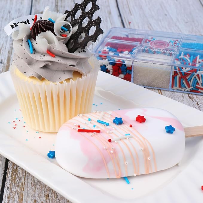 Red White and Blue Sprinkles - 6.53oz Patriotic 4th of July Sprinkles for Cake Decorating, Jimmies Nonpareils Stars Sanding Sugar Mix, Edible Cake Sprinkle for Baking Decor, Cookie, Cupcake, Ice Cream