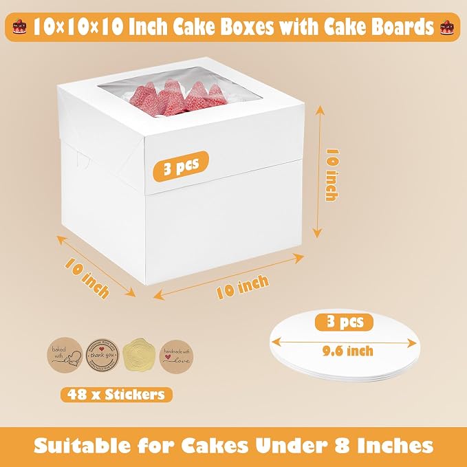 10x10x10 Inches Cake Boxes with Cake Boards, 3 Pack Premium Tall Cheesecake Boxes with Display Window for Christmas, Birthday, Wedding