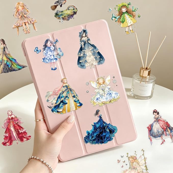 100Pcs Transparent PET Fairy Tale Princess Stickers Pack, Waterproof Vinyl Retro Watercolor Forest Fairy Decals for Skateboard Fridge Laptop Phone Luggage Princess Gown Stickers