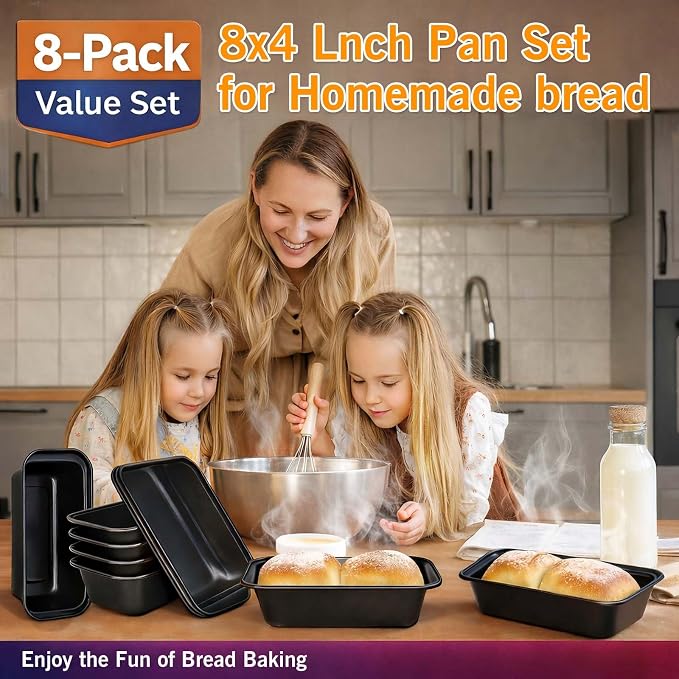 tchrules Loaf Pans 8×4 Inch Carbon Steel Bread Pan Nonstick Baking Set | |Even Heat Baking|Oven Safe 450°F|Easy Release Bake|PFOA Free Coating|Warp Resistant Steel|8 Pack Value (Black)