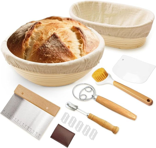 Sourdough Bread Proofing Basket Kit - Banneton Baking Set, Sour Dough Making Tools Supplies, 9" Round and 10" Oval Cane Baskets with Bowl Scraper, Bread Lame, Danish Whisk, Linen Liners, Dough Scraper