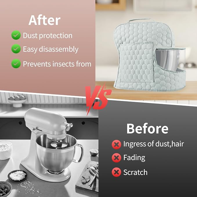 Stand Mixer Dust Cover Compatible with KitchenAid Mixer - Stand Mixer Cover Fits for 4.5/5 Quart, Storage Bag with 2 Pocket for Accessories and Attachments（Silver, For 4.5- 5QT）