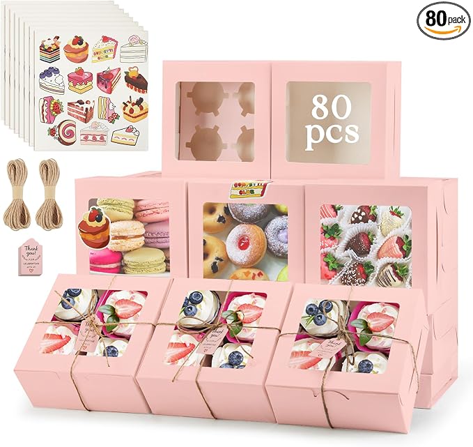 OAMCEG 80 Pack Cupcake Boxes with Window, 6x6x3 Inches Cookie Boxes, Bakery Treat Boxes for Pastry, Desserts, Chocolate Strawberries, Cupcake Containers, Gift Giving with Stickers & Twine （Pink）