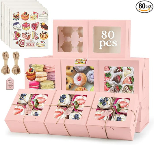 OAMCEG 80 Pack Cupcake Boxes with Window, 6x6x3 Inches Cookie Boxes, Bakery Treat Boxes for Pastry, Desserts, Chocolate Strawberries, Cupcake Containers, Gift Giving with Stickers & Twine （Pink）