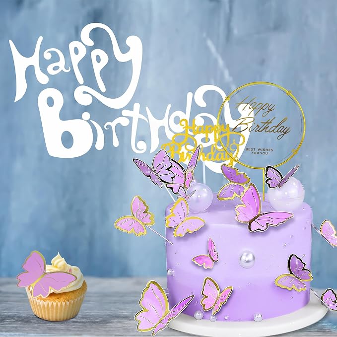 60Pcs Butterfly Cupcake Topper Purple Gold, Lively 3D Butterflies with 2Pcs Happy Birthday Topper for Cake Decor Birthday Anniversary Kids Wedding Girl Women Party Wall Food Decorations,Mixed Size