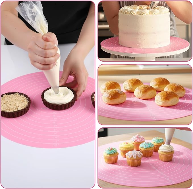 TIESOME 3 Pcs Round Silicone Baking Mat, 12 Inch (30cm) Silicone Rolling Mat With Measurements, Reusable Non-Stick Heat Resistant Baking Sheet for Dough, Fondant, Cookie & Pizza (Blue Pink Green)
