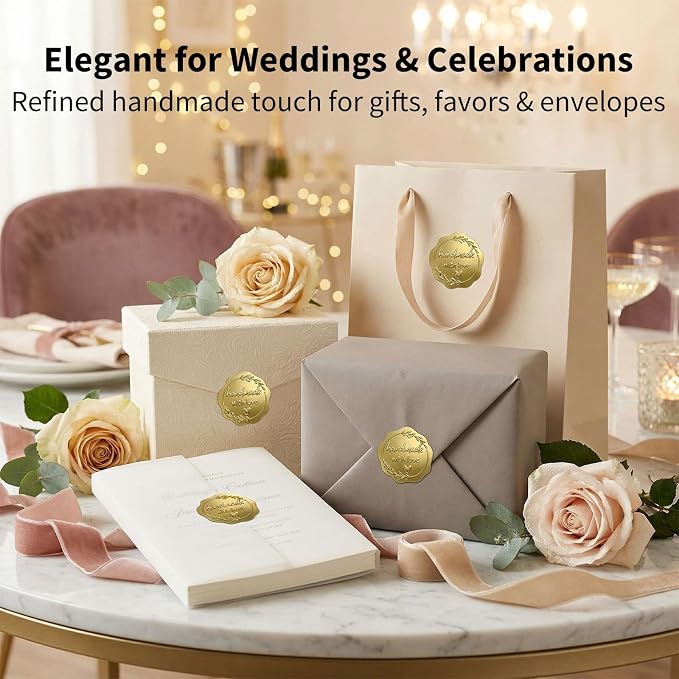 Handmade with Love Gold Foil Stickers, Pack of 100 Embossed Matte Gold Seals for Bakery Packaging, Treat Bags, Pastry Boxes, Small Business Thank You Labels for Gift Wrapping, 1.7 Inch (Gold)