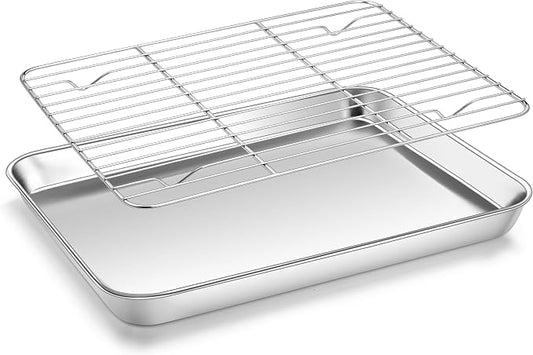 Homikit Quarter Sheet with Rack (1 Pan + 1 Rack), 9x13 Stainless Steel Baking Pan with Wire Cooling Rack for Toaster Oven Roasting, Metal Bacon Cookie Trays Nonstick & Rust Free, Dishwasher Safe