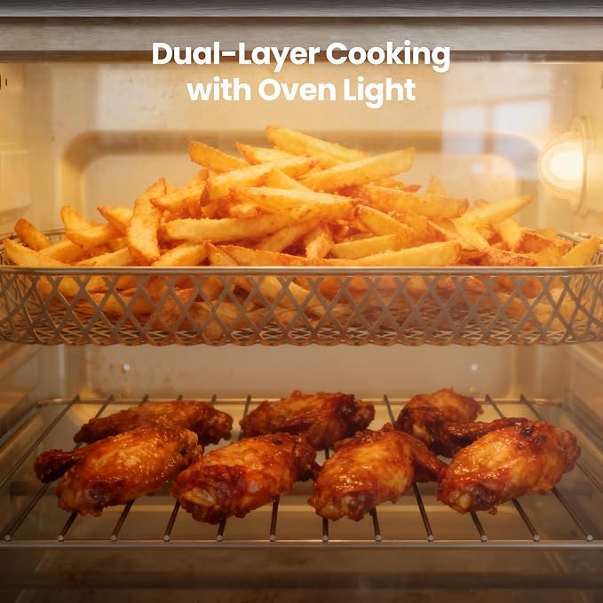 Kismile 25QT Air Fryer Toaster Oven, Countertop Convection Oven, 12 Preset Cooking Functions, Adjustable Temp 70-450°F, Toast, Bake, Broil, Reheat, Fits 12" Pizza, Full Accessory Set Included, Silver