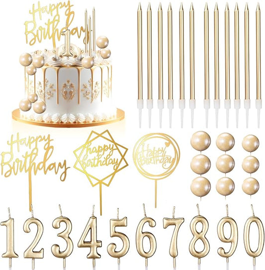 Yerliker 34 Pcs Happy Birthday Cake Toppers Decorations Birthday Candles DIY Cake Decor for Men Women Wedding Anniversary(Champagne)