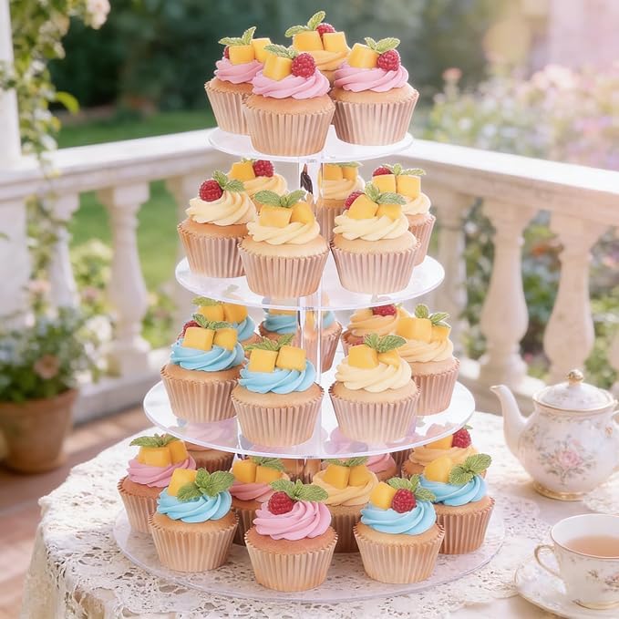 4 Tier Cupcake Stand for 50 Cupcakes, Clear Acrylic Cupcake Stand, Cupcake Holder for Parties, Weddings, Birthdays, Clear Cupcake Stand Ease of Assembly High Stability (Round)