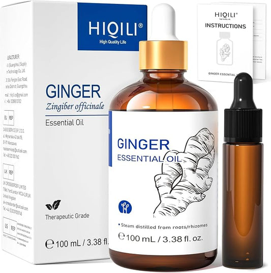 HIQILI Ginger Essential Oil 3.38 Fl Oz, for Massage, Diffuser, Large Bottle with Dropper & Gift Box -100ml