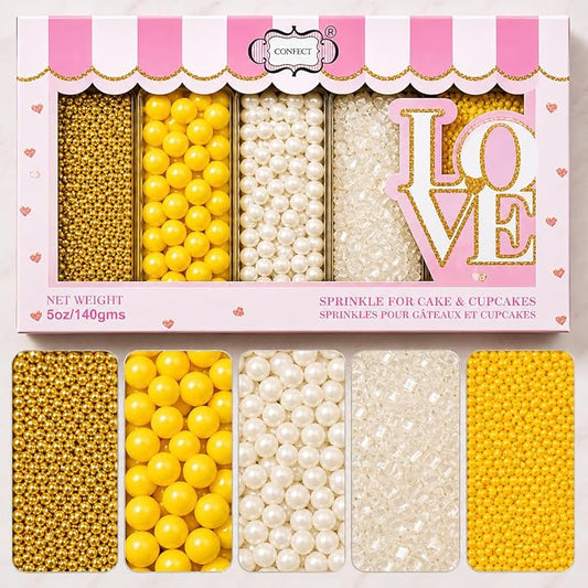 Confect Cake Decorating Sprinkles | Edible Pearl Mix Gold Yellow & White Dragees | White Sparkling Sugar | Edible Pina-Colada Disco Ball Mashup Sprinkles | Dairy-Free, Palm Oil-Free - 5 Oz