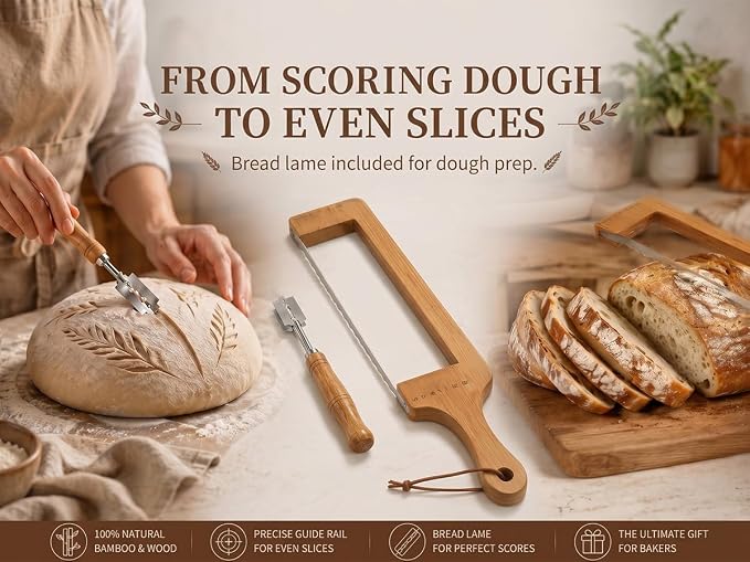 Bread Slicer for Homemade Bread Sourdough,Bread Knife with Scoring Tool | 304 Stainless Steel Bread Cutter, Serrated Bread Slicer with Ergonomic Handle, Easy to Clean Bread Knife with Bread Lame