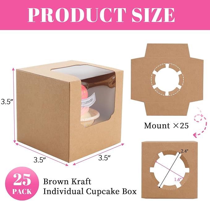 NPLUX 25 Pcs Cupcake Boxes Individual Cupcake Containers Pre-Assembled Single Cupcake Boxes 3.5"x3.5"x3.5" with 25 Pcs Inserts for Cupcakes Muffins Party Favors(Brown)
