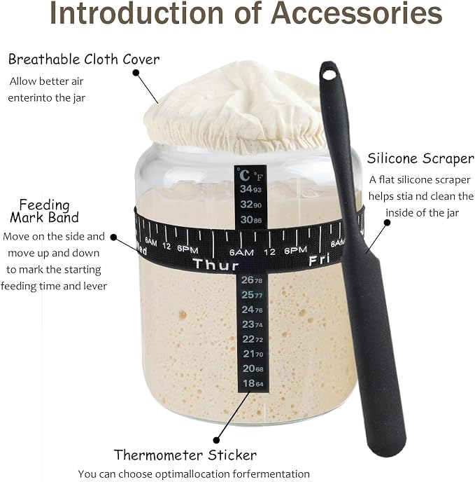 Sourdough Starter 45 Oz Jar Glass,Sourdough Bread Baking Supplies with Lids,Sour Dough Bread Starter Jar Kit with Date Marked Feeding Band,Thermometer,Silicone Scraper,Sewn Cloth Cover