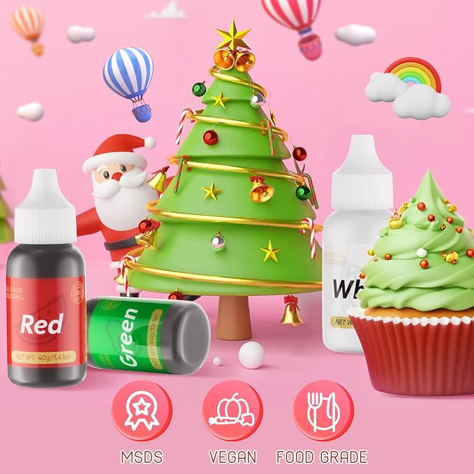 Gel Food Coloring for Cake Decorating - 3 Concentrated Assorted Food Color Edible Christmas Red Green White - Food Grade Dye for Easter Eggs Fondant Cookies Frosting Royal Icing Baking - 40g/Bottle