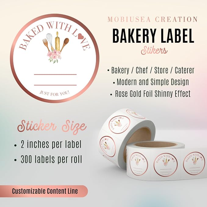 Mobiusea Creation Rosegold Baked with Love Stickers | 2 Inch 300pcs Packaging Labels for Baked Goods, Bakery Label Roll, Bread Sticker, Cookie Packaging & Baking Business Essentials