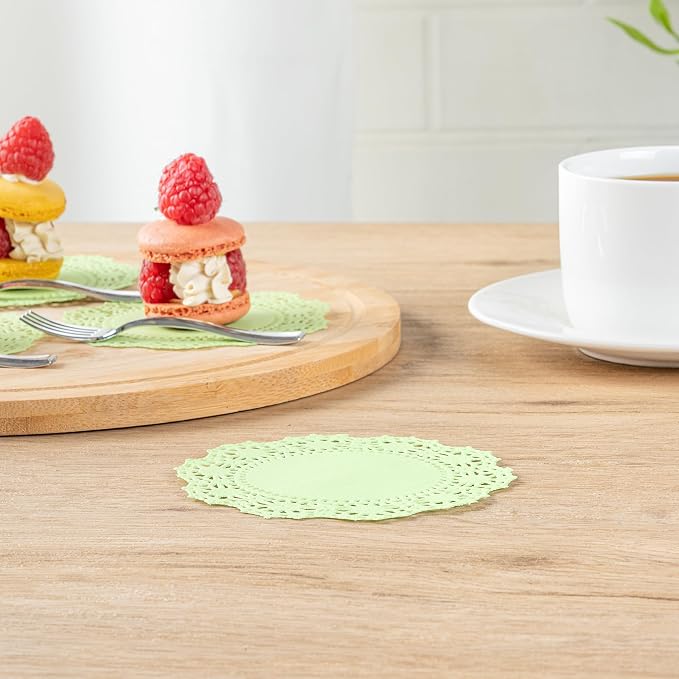 Pastry Tek 4 x 4 Inch Paper Lace Doilies, 4000 Disposable Table Doilies - Elegant Lace Finish, Long Lasting, Green Paper Doily, for Pastries, Cupcakes, Desserts - Restaurantware