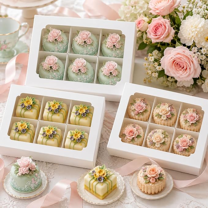 Zealax Bakery Boxes with Window and Dividers Cookie Packaging Small Treats for Gift Giving, Macaron Treat Boxes for Mini Cupcakes, Chocolate Covered Strawberries, White, 30 Pack, 9x6x2.5 Inch