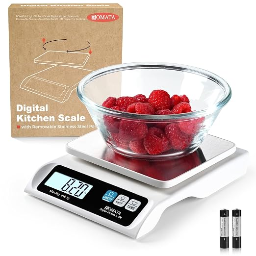 BOMATA 0.1g/ 13lb Food Scale, Digital Kitchen Scale with Removable Stainless Steel Pan, Backlit LCD Display, for Cooking, Baking B621 White