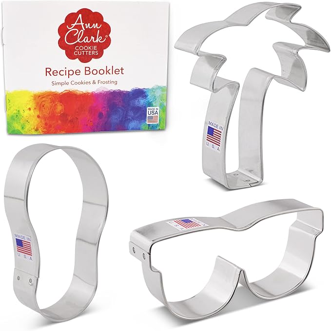Ann Clark Summer Beach Cookie Cutters 3-Pc. Set Made in USA, Flip Flop, Palm Tree, Sunglasses