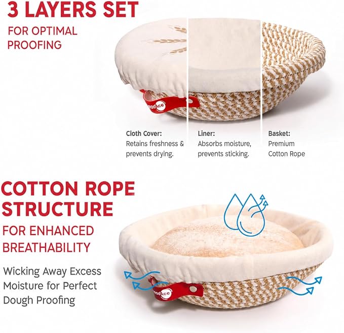 KneadAce Sourdough Kit, Sourdough essentials tools including round proofing basket, round bread sling, bread lame, bench scraper and baker's brush set and dough wand