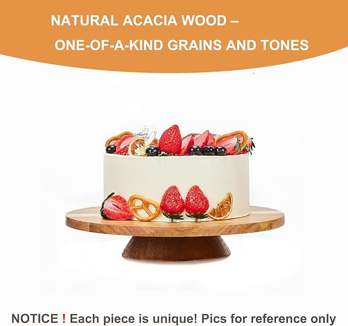 12" Acacia Wood Revolving Cake Stand,Wooden Rotating Display Stand for Cake