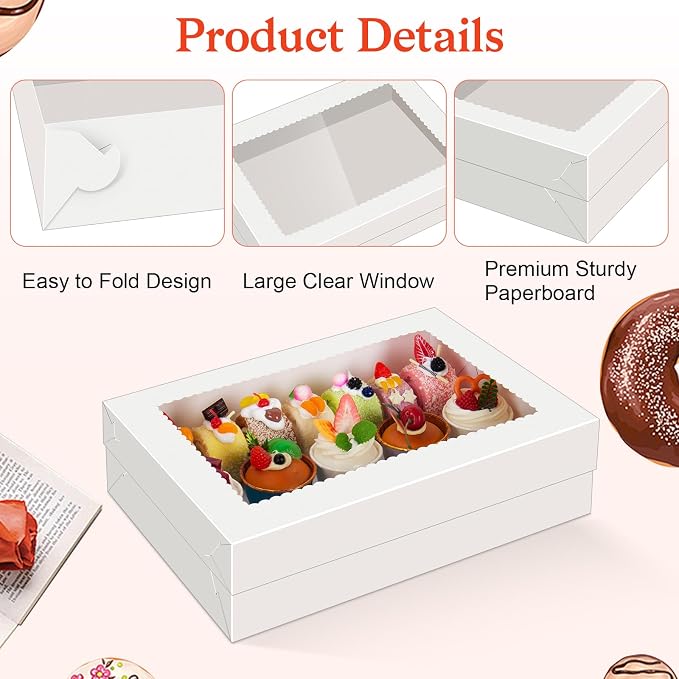 Sudaya 14x10x4 Cake Boxes with Boards, Rectangle Quarter Sheet Cake Boxes, 1/4 Sheet Bakery Box with Window, Disposable Carry Bakery Containers for Cookie, Donuts, Cupcakes, Pie, Wedding, Party