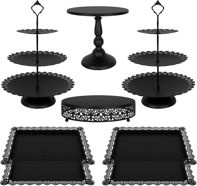 Fivenl 8 Pcs Cake Stand Black Metal Dessert Table Display Set, 3-Tier Cupcake Stand, Cake Display Tower and Cookie Tray Rack Serving Tray for Birthday Party, Weddings, Baby Shower (Black)