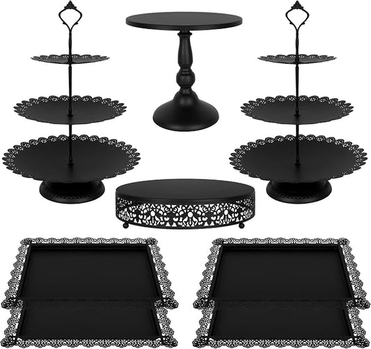 Fivenl 8 Pcs Cake Stand Black Metal Dessert Table Display Set, 3-Tier Cupcake Stand, Cake Display Tower and Cookie Tray Rack Serving Tray for Birthday Party, Weddings, Baby Shower (Black)