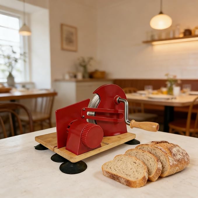 Sourdough Bread Slicer Machine Adjustable Thickness Stainless Steel Blade Bread Sourdough Cutter with 6 Large Suction Cups Foldable Compact Design Non-Slip Base for Homemade Bread Slicing (Red)