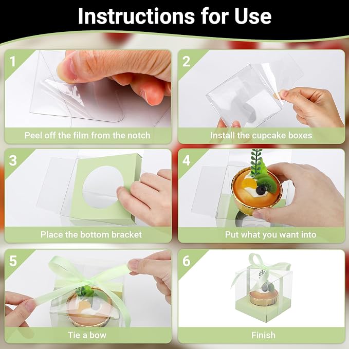 EUSOAR Cupcake Boxes, 12 Pcs 3.5 Inch Dessert Pastry Individual Cupcake Containers Transparent with Ribbon, Clear Muffins Gift Holder Disposable Cake Carrier for Wedding Party Favor Bakery-Light Green